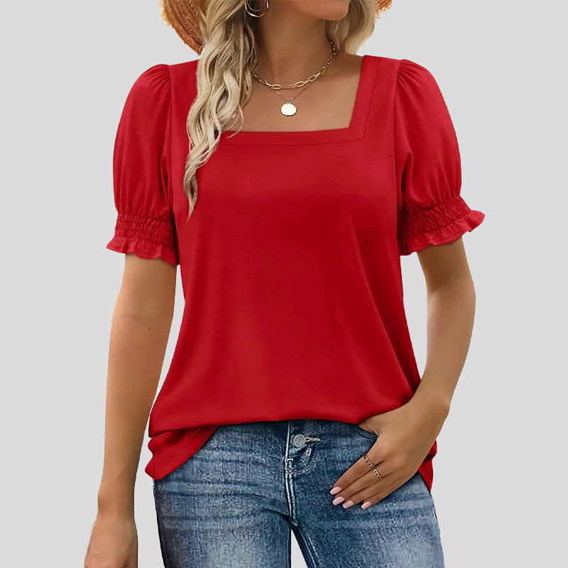 ⏳Begränsad tid och begränsad upplaga🌸Kvinnor Kvadratisk halsringning Smockade ärmar T-shirt Casual Topi