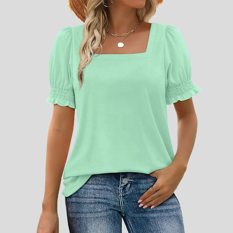 ⏳Begränsad tid och begränsad upplaga🌸Kvinnor Kvadratisk halsringning Smockade ärmar T-shirt Casual Topi