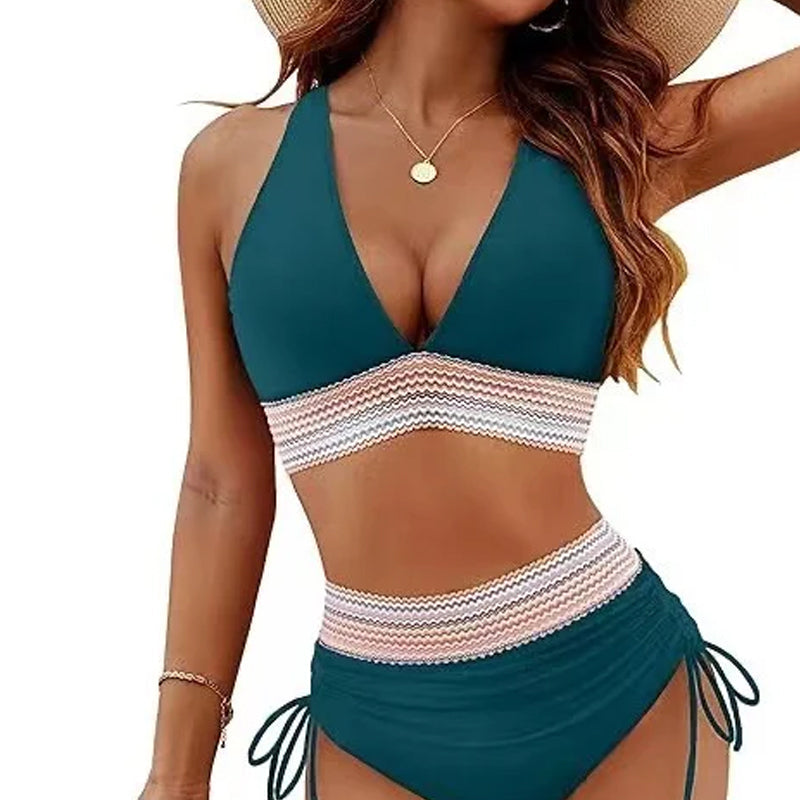 2025 Bikiniset med hög midja och magkontroll i färgblock