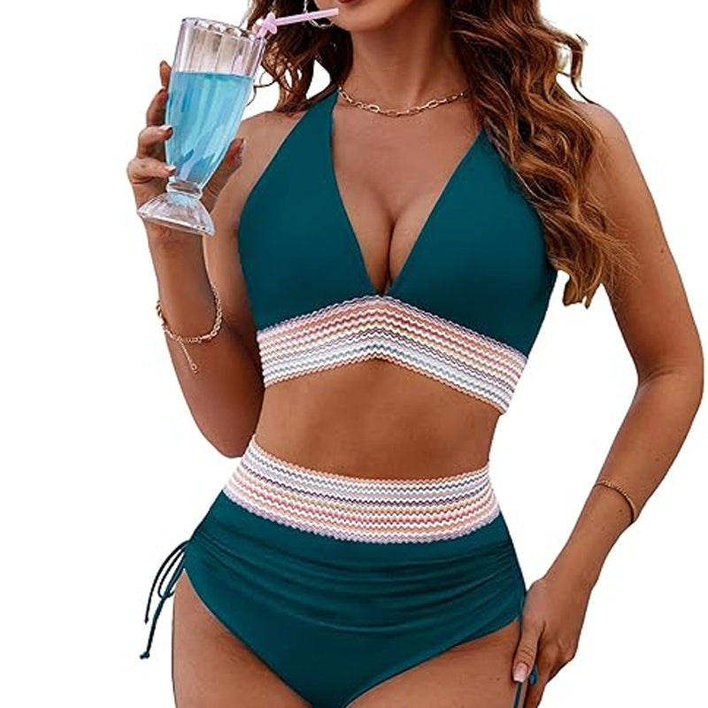 2025 Bikiniset med hög midja och magkontroll i färgblock
