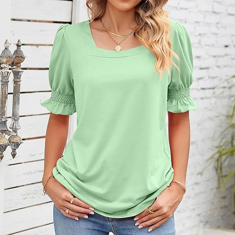 ⏳Begränsad tid och begränsad upplaga🌸Kvinnor Kvadratisk halsringning Smockade ärmar T-shirt Casual Topi
