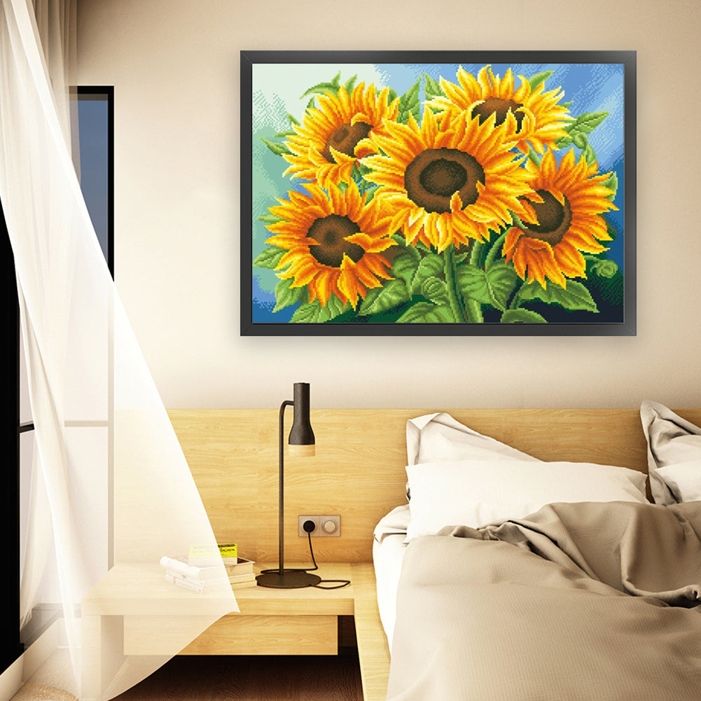 Solros - korsstygnsuppsättning med pärlor (66 x 49 cm)