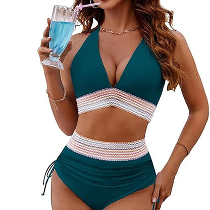 2025 Bikiniset med hög midja och magkontroll i färgblock
