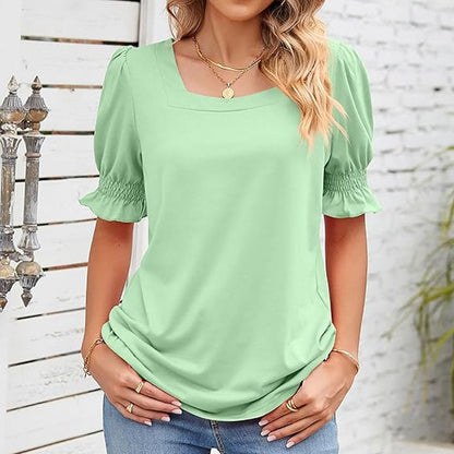 ⏳Begränsad tid och begränsad upplaga🌸Kvinnor Kvadratisk halsringning Smockade ärmar T-shirt Casual Topi