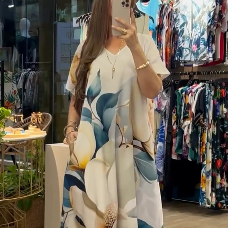 Damernas Lössittande Casual V-ringning Tryckta Kortärmade Klänningar🌸