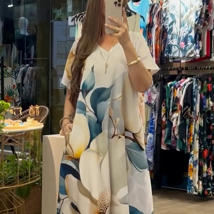 Damernas Lössittande Casual V-ringning Tryckta Kortärmade Klänningar🌸